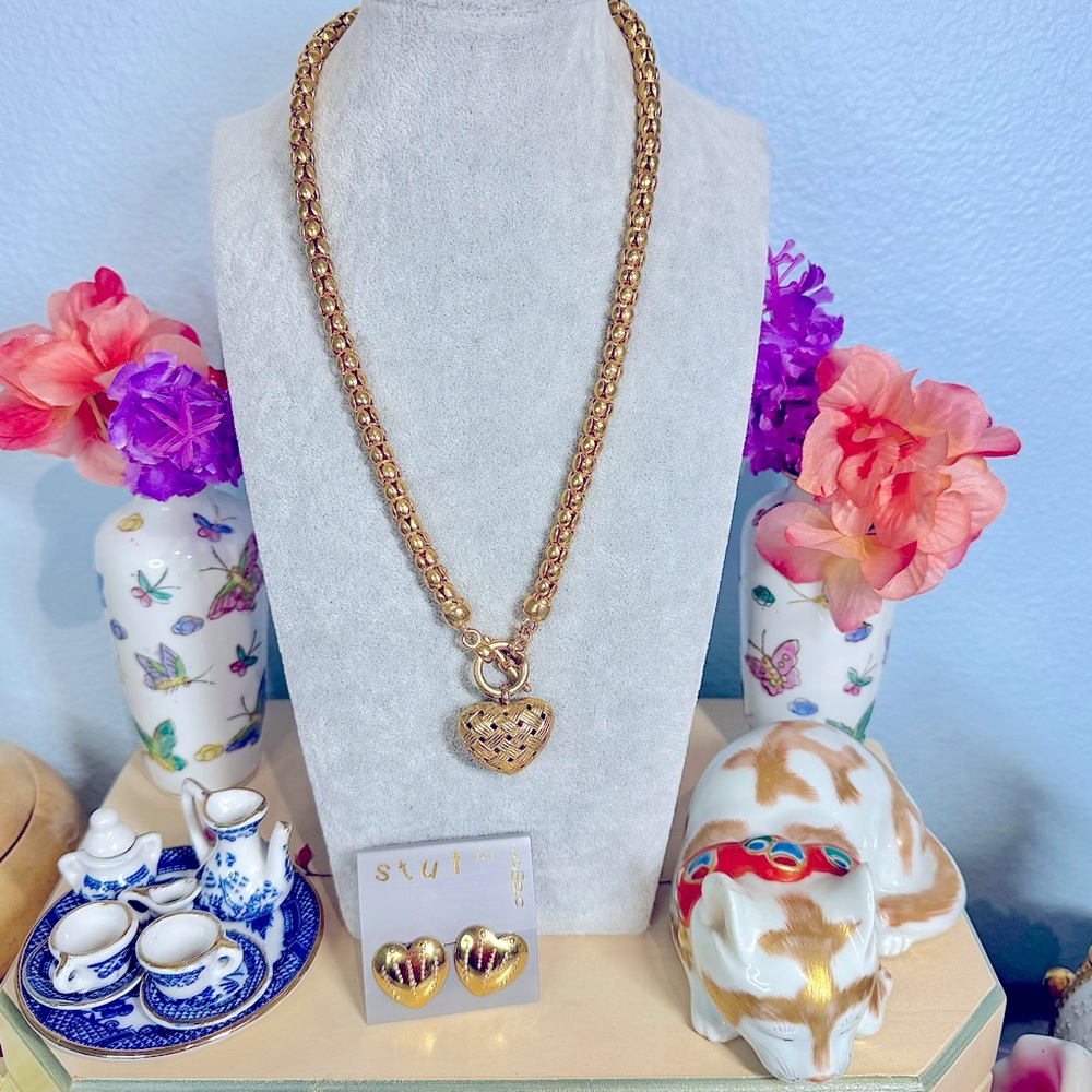 Vintage 90’s Gold Puffy Heart Necklace on thick chain 20” with Heart Earrings